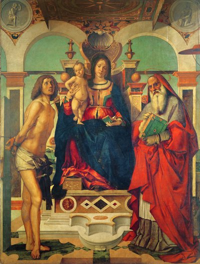 Madonna und Kind auf dem Thron mit Heiligen Hieronymus und Sebastian von Andrea Mantegna